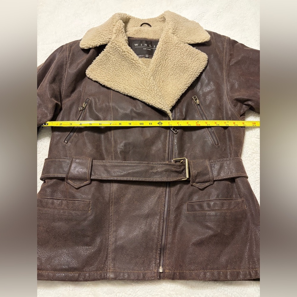 WINLIT GENUINE LEATHER JACKET BROWN BELTED SHERPA QUILTED SZ M - Picture 3 of 8